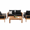 Set salotto da giardino in legno di acacia con cuscini neri